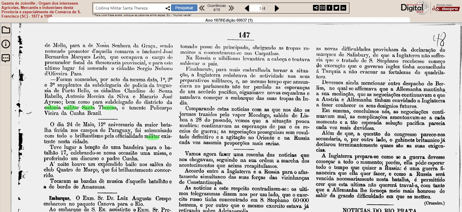 Nomeação de subdelegado para o Distrito da Colônia Militar – Gazeta de Joinville 1878 ed. 00037