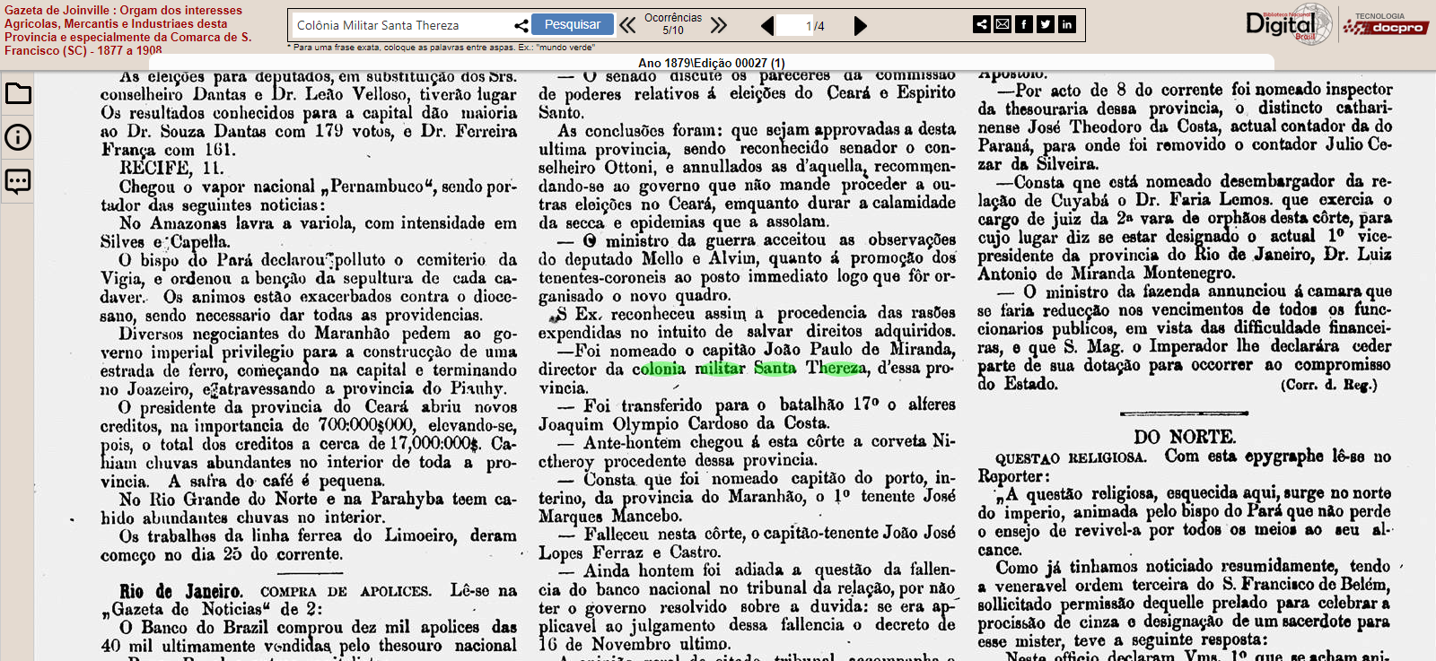 Nomeação diretor Colônia Militar – Gazeta de Joinville 1879 ed. 00027