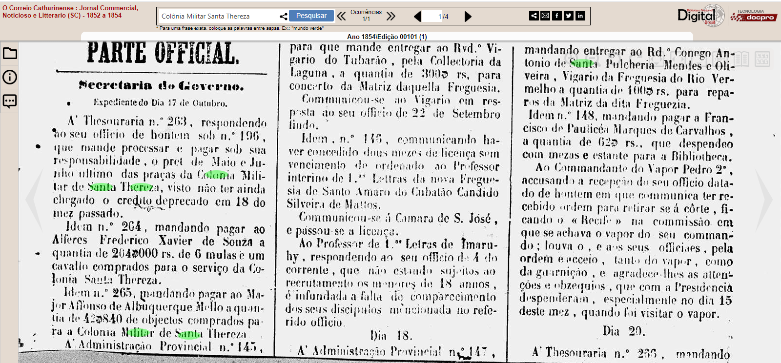 Pagamento para praças e produtos comprados – O Correio Catharinense 1854 ed. 00101